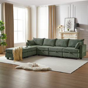 English Elm 113.5'' Modular Sectional Sofa with Storage Ottoman, Convertible U or L Shape Sleeper for 6 Seats Green W834S00251