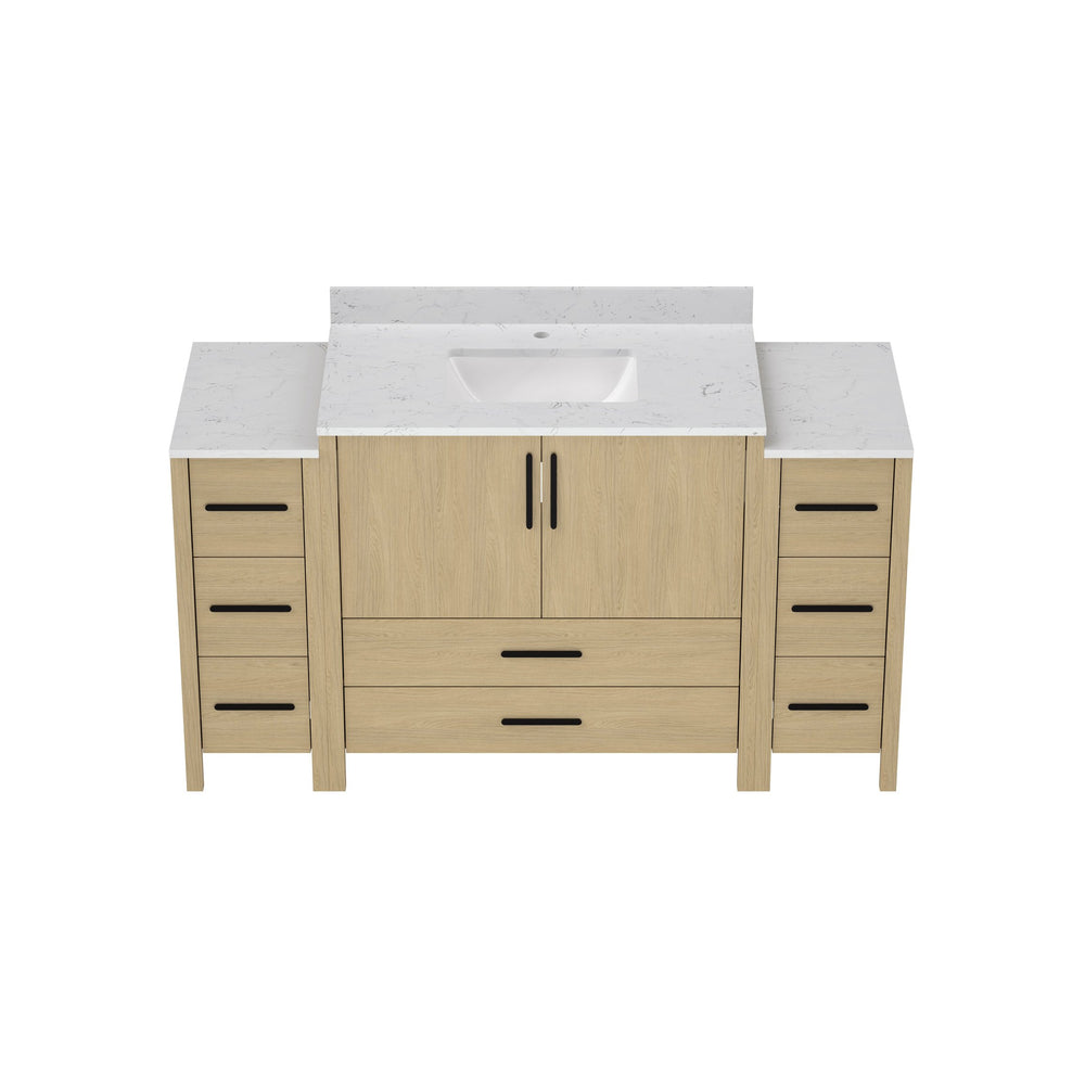 English Elm 108"w×22"d×34"h Freestanding Double Sink Vanity with White Countertop Soft Close T3785S00004