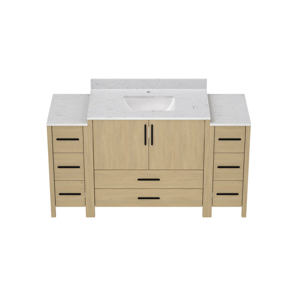 English Elm 108"w×22"d×34"h Freestanding Double Sink Vanity with White Countertop Soft Close T3785S00004