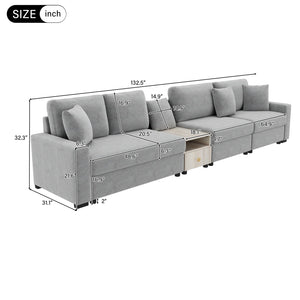 English Elm Modern Chenille Modular Sofa with Console Storage Armrest for Spacious Living Rooms Grey N763S000065E