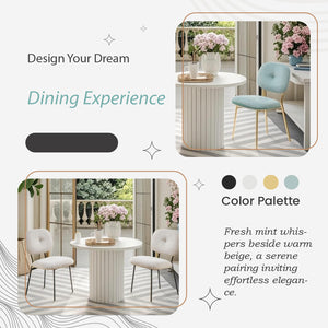 English Elm Modern 4-Person Dining Set with White Bamboo-MDF Table, Turquoise & Beige Fabric Chairs, Space-Saving Elegance TWSET2025-2