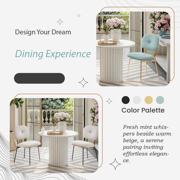 English Elm Modern 4-Person Dining Set with White Bamboo-MDF Table, Turquoise & Beige Fabric Chairs, Space-Saving Elegance TWSET2025-2