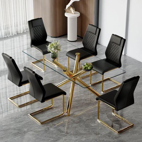English Elm Table Set - Modern 7-Piece Dining Set With Transparent Tempered Glass Top & 6 Black Pu Chairs, Gold Legs W1151S02589-GIGA
