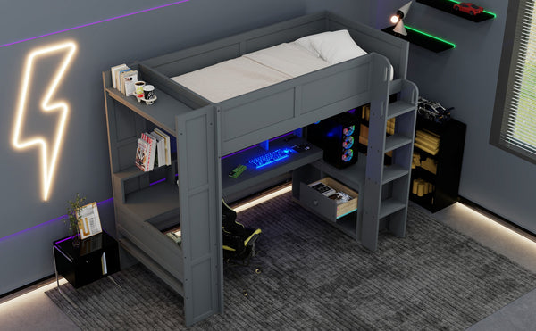 English Elm Wood Twin Loft Bed with Desk Led Lighting Charging Ports and Multi-zone Storage SM000373AAE