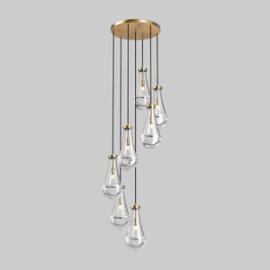 English Elm 7 Modern 7-Light Raindrop Chandelier with Adjustable Hanging Rope, Brushed Glass Shades for Dining Gold W1340P316387