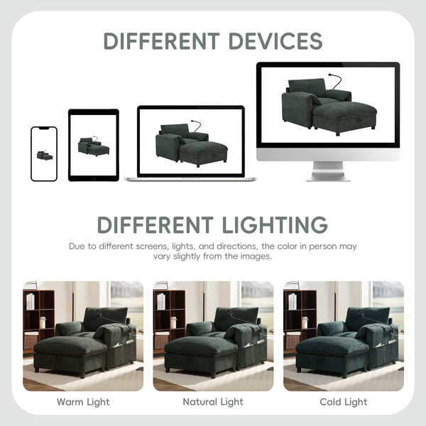 English Elm 37" Oversized Chenille Armchair with Ottoman Usb Charging Pocket Spring Living Room Green N723P387145F