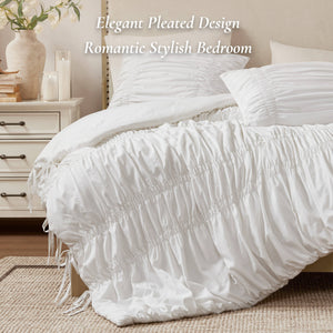 English Elm 2pcs Shabby Chic Ruched Comforter Set Bow Trim Brushed Polyester Fill Romantic Bedroom White B035P341082