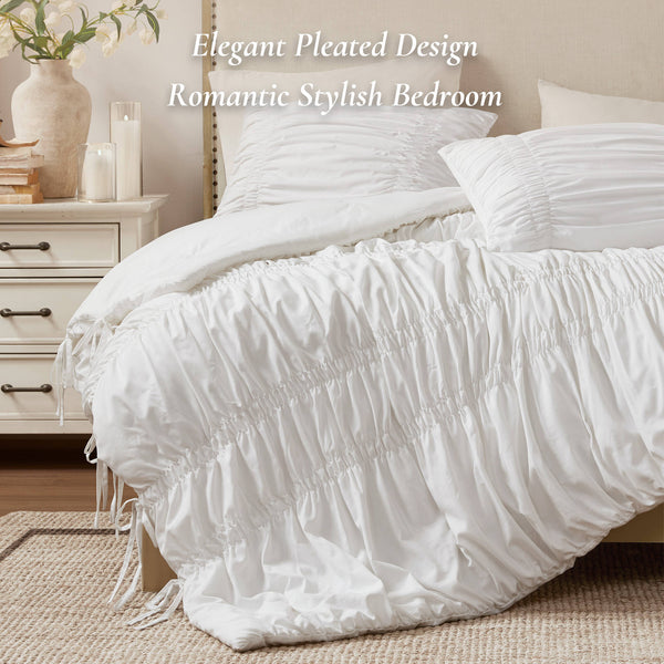 English Elm 2pcs Shabby Chic Ruched Comforter Set Bow Trim Brushed Polyester Fill Romantic Bedroom White B035P341082