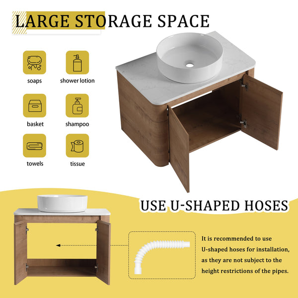 English Elm 30'' Wall-Mounted Bathroom Vanity With Ceramic Vessel Sink & Soft-Close Doors For Modern Spaces W999S00387