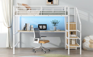 English Elm Full Size Metal Loft Bed With Desk, Storage Staircase, Wardrobe & Led Light For Small Spaces GX000620AAK-1