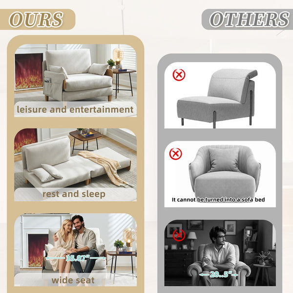 English Elm Foldable sofa bed recliner with three pillows, 3-in-1 convertible sleeper for small spaces, mid-century modern comfort Beige W395P290556