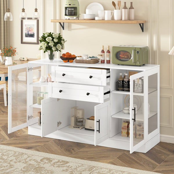 English Elm U-style Modern Buffet Sideboard with Acrylic Doors Power Outlet and Adjustable Storage White N711P437648K