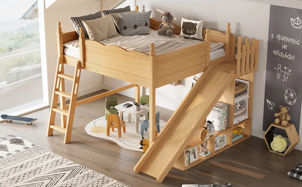 English Elm Queen Loft Bed With Detachable Slide, Storage Shelves & Cabinet - Solid Wood For Fun & Space Savvy! W1580S00250-GIGA