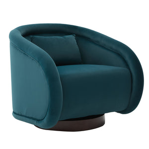 English Elm Swivel Barrel Chair Pumpkin Sculptural Velvet Upholstered with Walnut Wood Round Base Teal W3244P427742