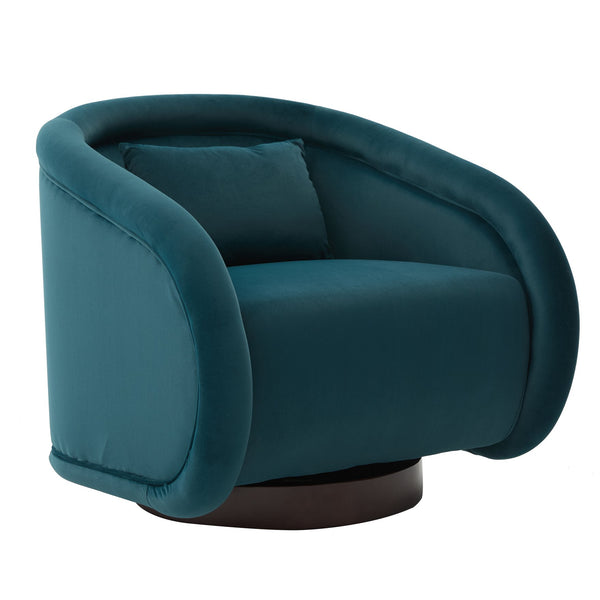 English Elm Swivel Barrel Chair Pumpkin Sculptural Velvet Upholstered with Walnut Wood Round Base Teal W3244P427742