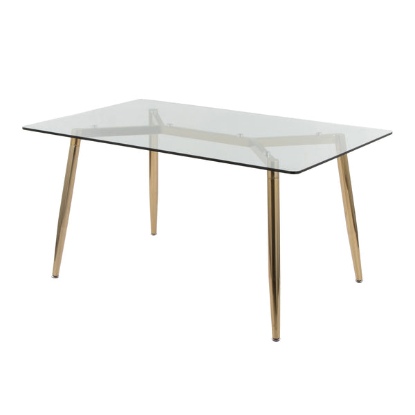 English Elm Dining Table with Gold Metal Legs and Tempered Glass Top for Glam Modern Spaces B202S02138