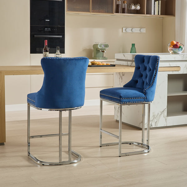 English Elm 25" High Back Velvet Counter Stools Set of 2 with Deep Button Tufting, Spring-Cushion Comfort & Chrome Base Blue W1143P217852
