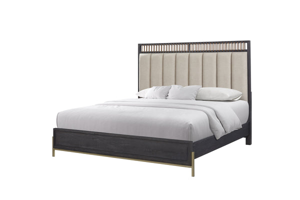 English Elm Queen Upholstered Headboard Bed Walnut Veneer Frame Transitional Bedroom Furniture B2699S00087
