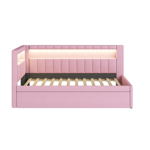 English Elm Upholstered Twin Platform Bed with Trundle, Linen Backrest, Built-In USB Ports & LED Accent Lighting Pink DL001919AAH