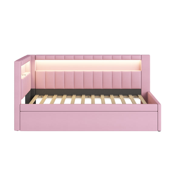 English Elm Upholstered Twin Platform Bed with Trundle, Linen Backrest, Built-In USB Ports & LED Accent Lighting Pink DL001919AAH