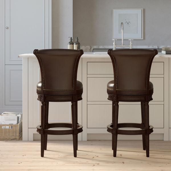 English Elm 31in. Swivel Barstool Faux Leather High Back Nailhead Trim Distressed Walnut Frame B2751P436427