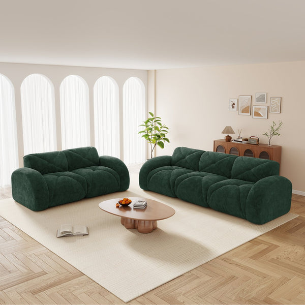 English Elm Three Seater Chenille Sofa with Ottoman Solid Wood Base Tufted Arms Living Room Green W714S01641