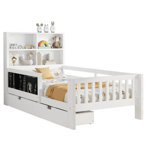 English Elm Twin Chalkboard Platform Bed with Drawers & Shelves, Solid Wood Kids Bed with Storage and Creative Headboard White W1580P362704