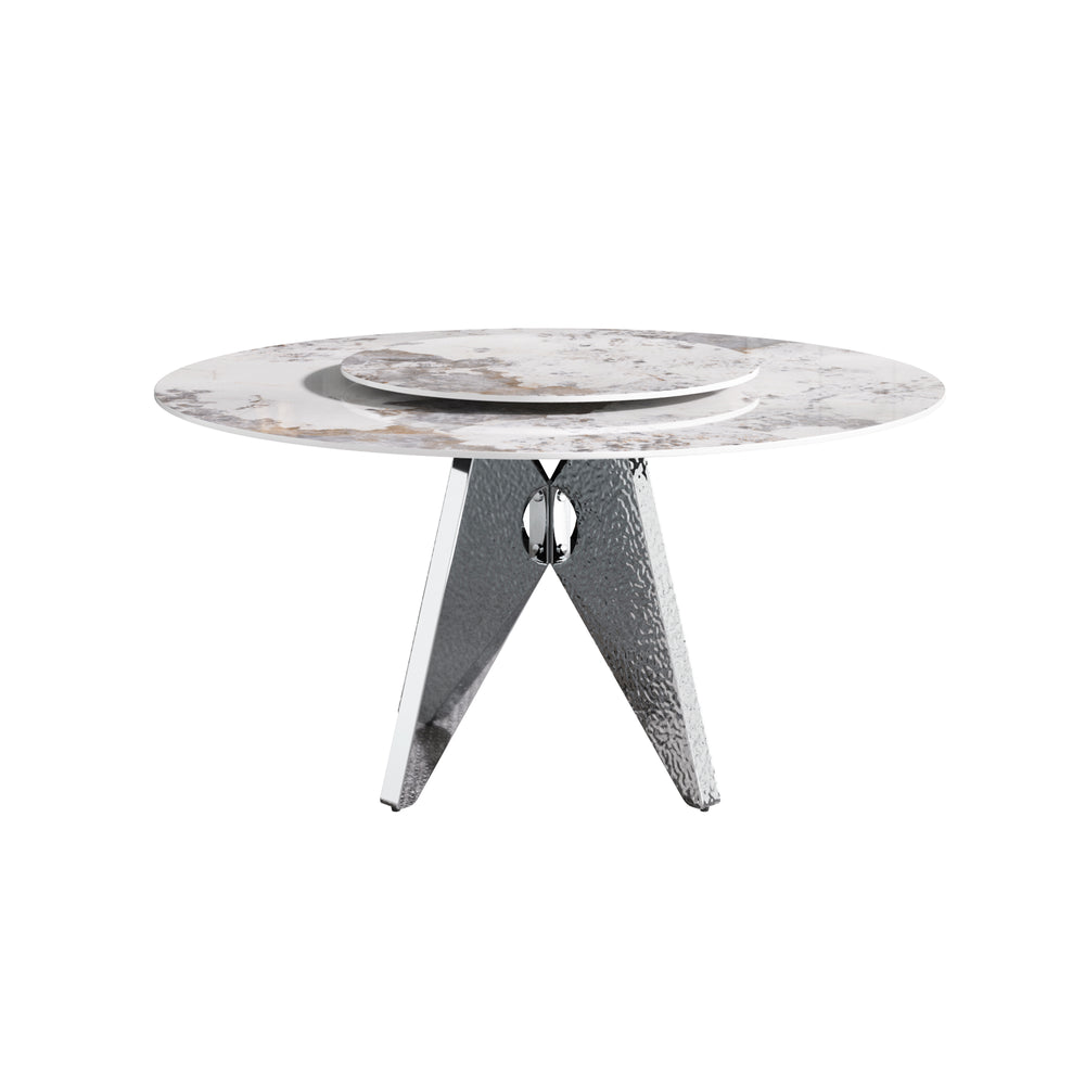 English Elm 59.05" Round Marble Dining Table - Elegant Silver Base, Durable White Sintered Stone, Seats 6-8 W1535S00464