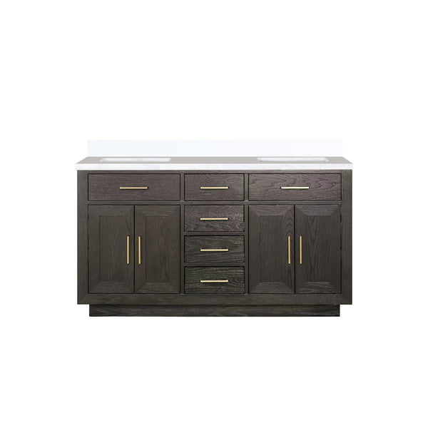 English Elm Brown Oak Double Bath Vanity 60" W X 22" D - Elegant White Quartz Top, Fully Assembled, Durable Design B2731P257732
