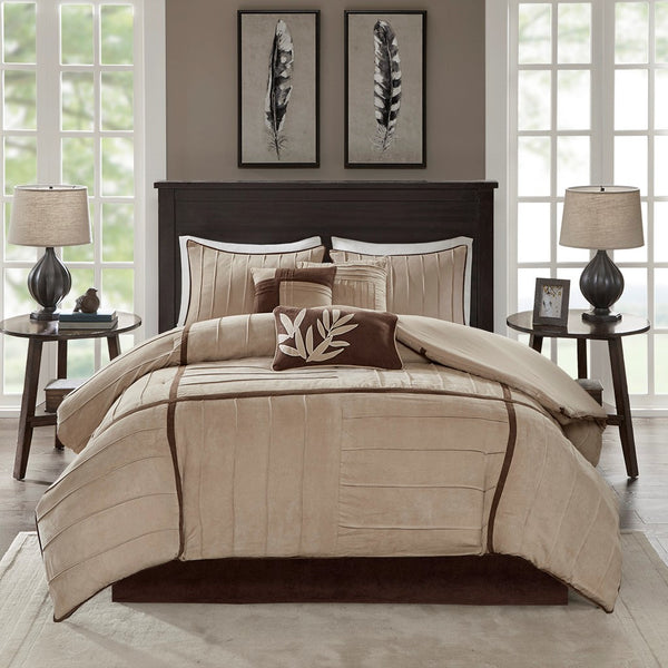 English Elm 7 Piece Faux Suede Comforter Set Dune Cal King Beige Micro-Suede Pin-Tuck Design Brown Trim Luxurious Cozy Feel B03596756