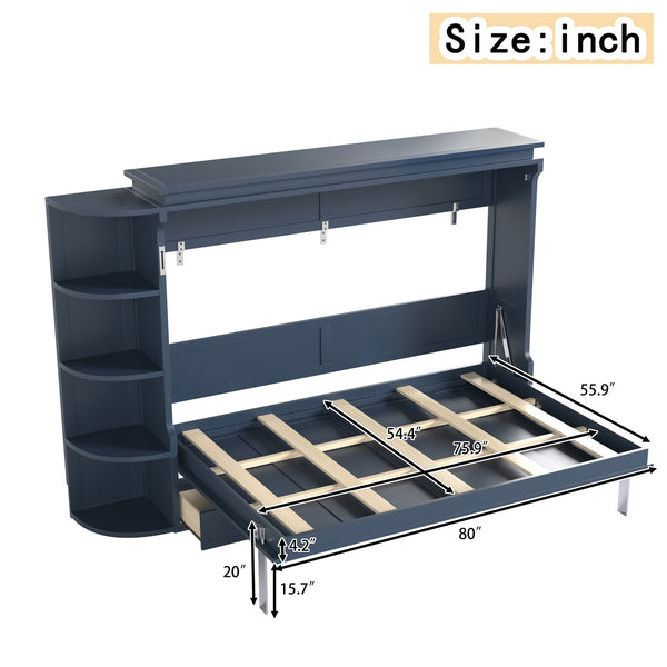 English Elm Full Size Murphy Wall Bed with Side Cabinets Three Drawers and Shelving for Small Spaces Blue W1580S00451