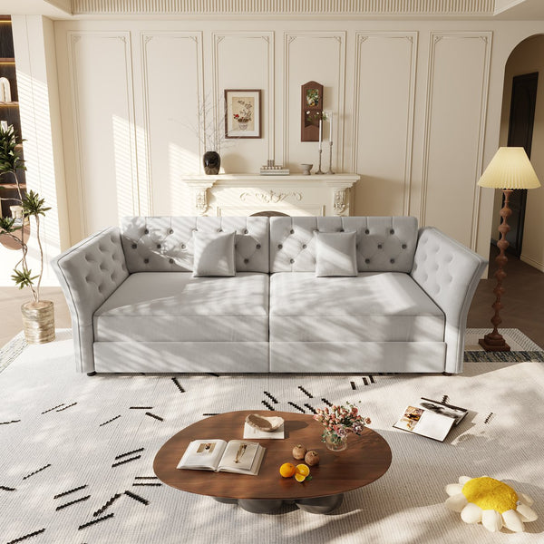English Elm 100" Oversized Velvet Sleeper Sofa with Floral Tufted Cushions for Living Room Light Grey W1885S00302