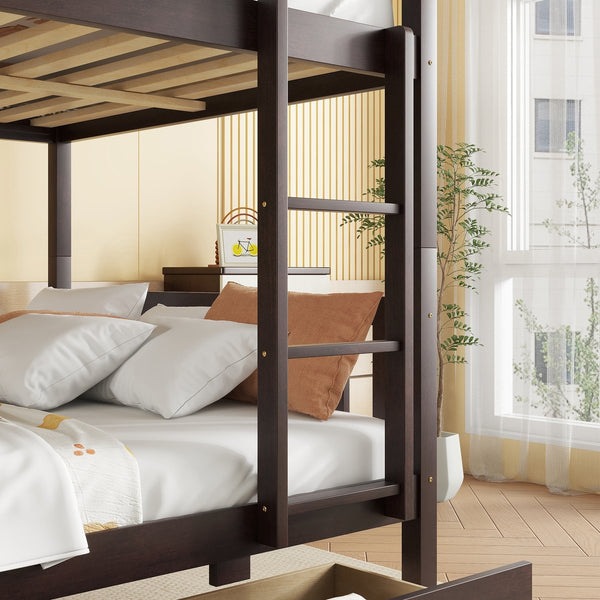 English Elm Full Full Over Full Rubber Wood Bunk Bed With 2 Storage Drawers, Convertible Into 2 Separate Beds, Espresso W504S00196