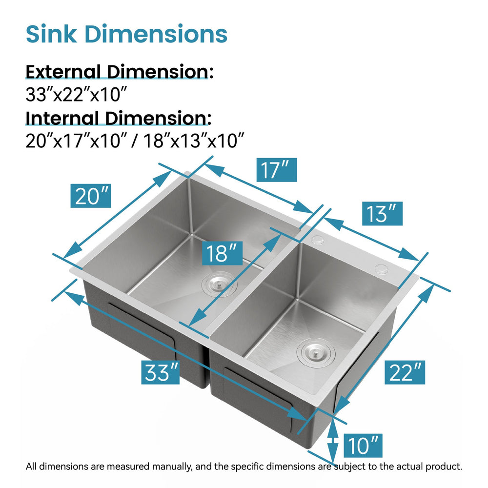 English Elm 33"x19" Handcrafted Stainless Steel Double Bowl Overmount Kitchen Sink Satin Finish T3177P296190