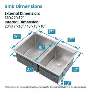 English Elm 33"x19" Handcrafted Stainless Steel Double Bowl Overmount Kitchen Sink Satin Finish T3177P296190