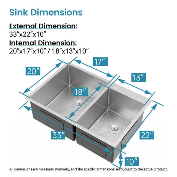 English Elm 33"x19" Handcrafted Stainless Steel Double Bowl Overmount Kitchen Sink Satin Finish T3177P296190