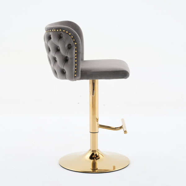 English Elm A&A Luxe Velvet Swivel Barstool with Gold-Plated 17.7" Base, Tufted Back, Ergonomic Waist Support Gray W1143P204046