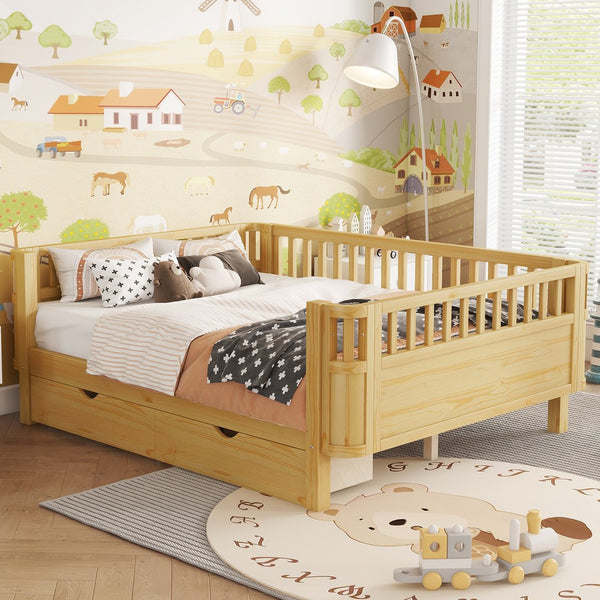 English Elm Twin Kids Platform Bed Solid Pine White Finish with Storage Drawers and Safety Rails Natural W2593P409119