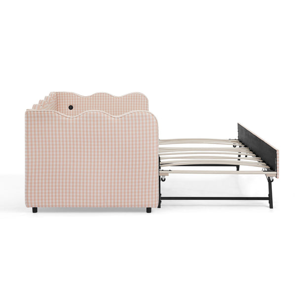 English Elm Cozy Twin Gingham Daybed with Trundle Sofa Bed, Linen Upholstery, USB Port, Wave Frame Design Pink W1413S00099