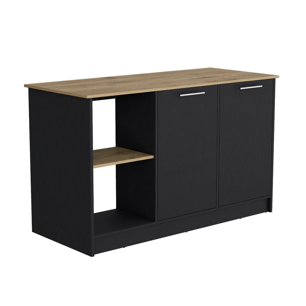 English Elm Kitchen Island With Ample Countertop, Open Shelves & Double Door Storage – Sleek Black & Macadamia B097S00185
