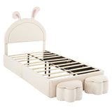 English Elm Twin Size Upholstered Rabbit-Shape Bed With 2 Storage Stools, Velvet Platform Bed With Cartoon Ears Shaped Headboard, White