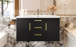 English Elm 36'' Wall Mounted Bathroom Vanity with Sink, Floating MDF Cabinet, 2 Drawers, Rust-Resistant Handles Black N710P253035B