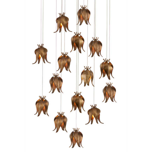 Iota 15-Light Multi-Drop Pendant - Elegant Antique Brass Fixture with Luminous Silver Canopy Design