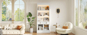 English Elm 83.4"tall Bookcase with Led Shelves Sliding Doors Open Storage Modern White N751S379857K