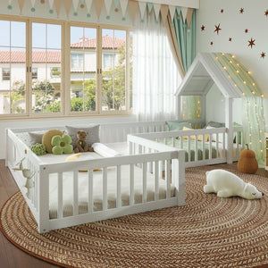 English Elm Twin House Floor Bed with Door & Full-Length Guardrails, Solid Wood Twin Loft Alternative for Kids White W1580P327128