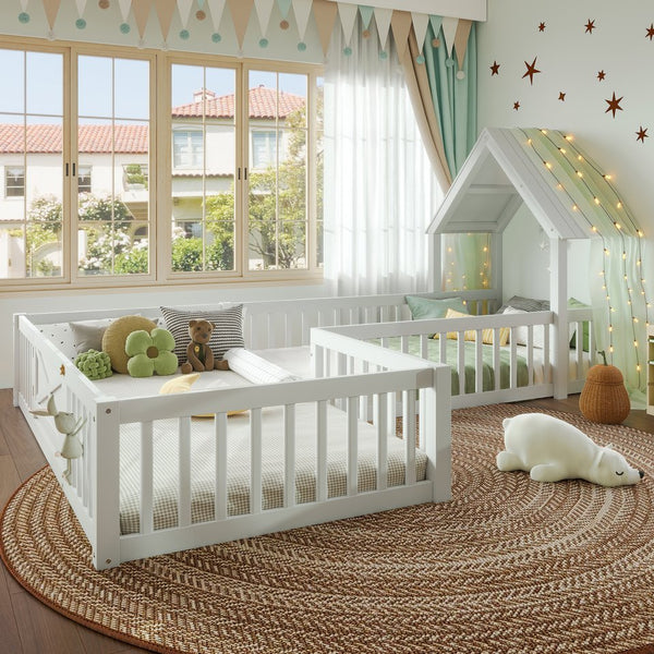 English Elm Twin House Floor Bed with Door & Full-Length Guardrails, Solid Wood Twin Loft Alternative for Kids White W1580P327128