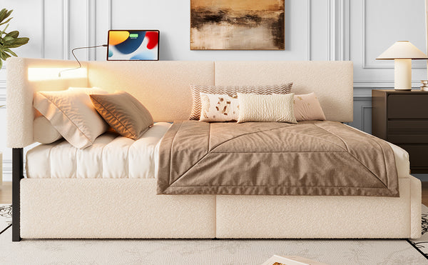English Elm Twin Boucle Upholstered Bed with Cloud Headboard Storage Drawers and Led Lighting W1670P410460