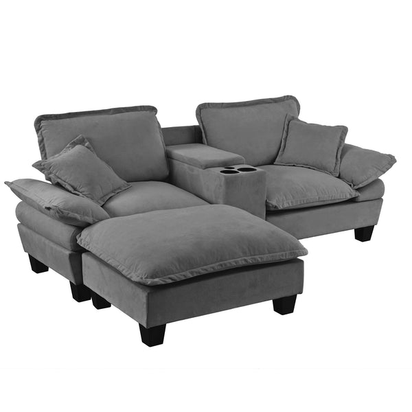 English Elm Modular Cloud Sofa Chenille L-shape with Storage Cup Holders and Usb for Living Room Grey W3163S00110