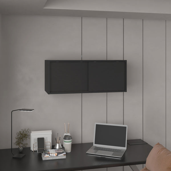 English Elm Note modern 32" W x 13" H wall cabinet with sliding doors for organized storage in home and office spaces Black 33.9 L x 14.2 W x 3.6 H B070P238868