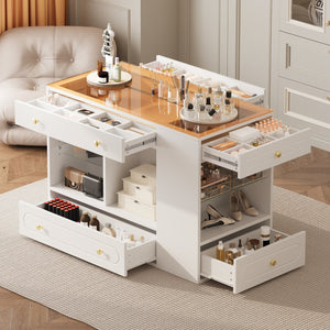 English Elm Closet Elegant walk-in island with glass display top, 6 drawers and open shelves for organized storage White 39.76 L x 17.32 W x 12.2 H N733S304513K